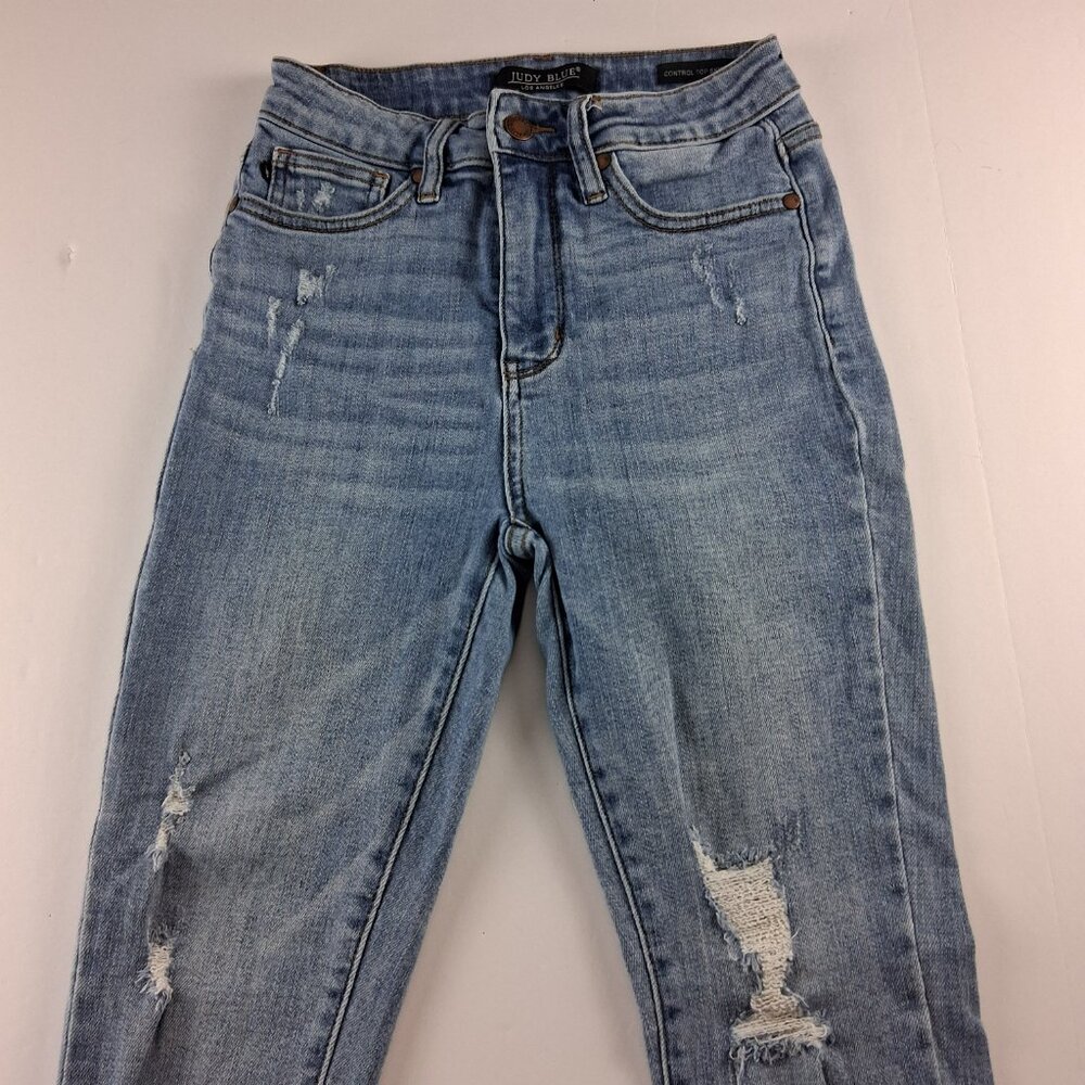 Judy Blue Control Top Skinny Jeans Women's Size 3/26 Light Wash Distressed - Picture 2 of 8